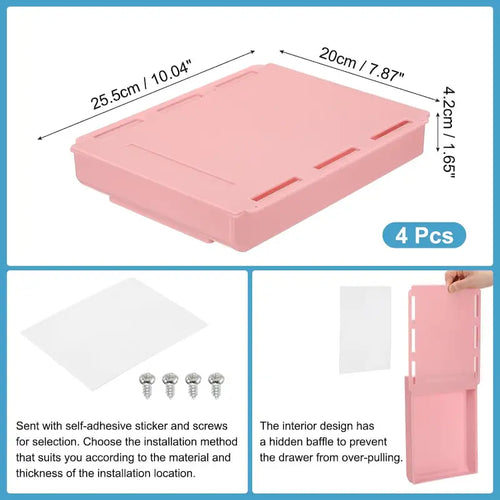 4 Pcs Self-Adhesive Under Desk Drawer for Standing Desk Office, Large - 10.04 x 7.87 x 1.65 inches