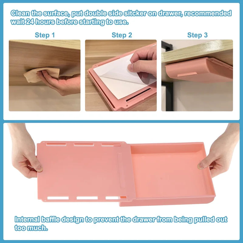 4 Pcs Self-Adhesive Under Desk Drawer for Standing Desk Office, Large - 10.04 x 7.87 x 1.65 inches