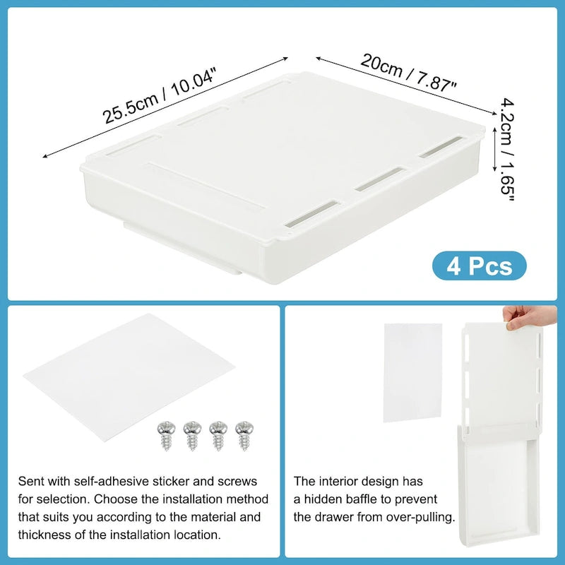 4 Pcs Self-Adhesive Under Desk Drawer for Standing Desk Office, Large - 10.04 x 7.87 x 1.65 inches