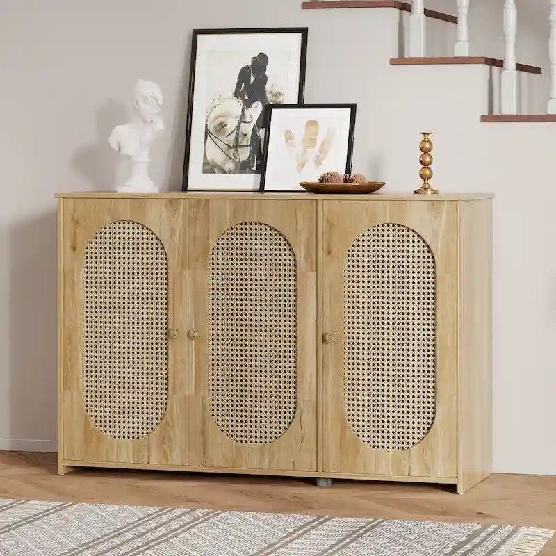 Retro 3-Door Sideboard with Artificial Rattan Doors, Metal Handles & Large Storage Space