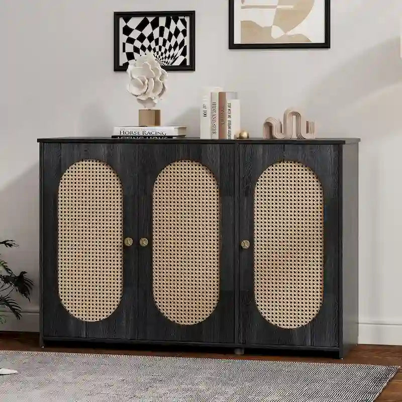 Retro 3-Door Sideboard with Artificial Rattan Doors, Metal Handles & Large Storage Space