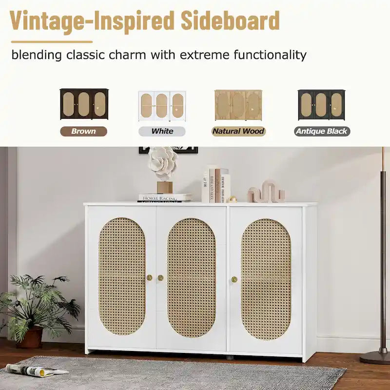 Retro 3-Door Sideboard with Artificial Rattan Doors, Metal Handles & Large Storage Space