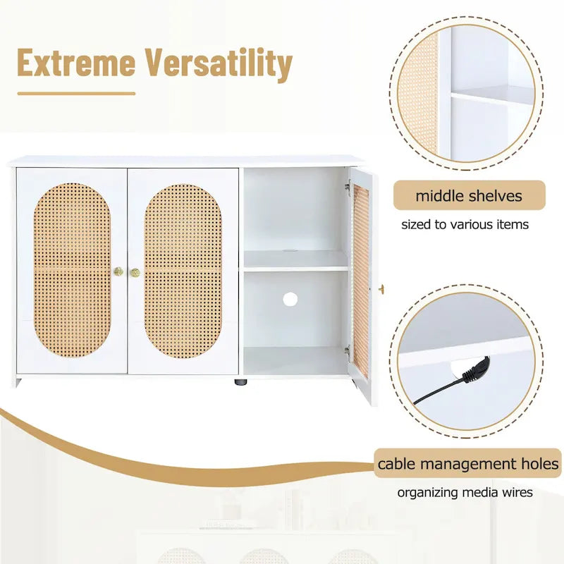 Retro 3-Door Sideboard with Artificial Rattan Doors, Metal Handles & Large Storage Space