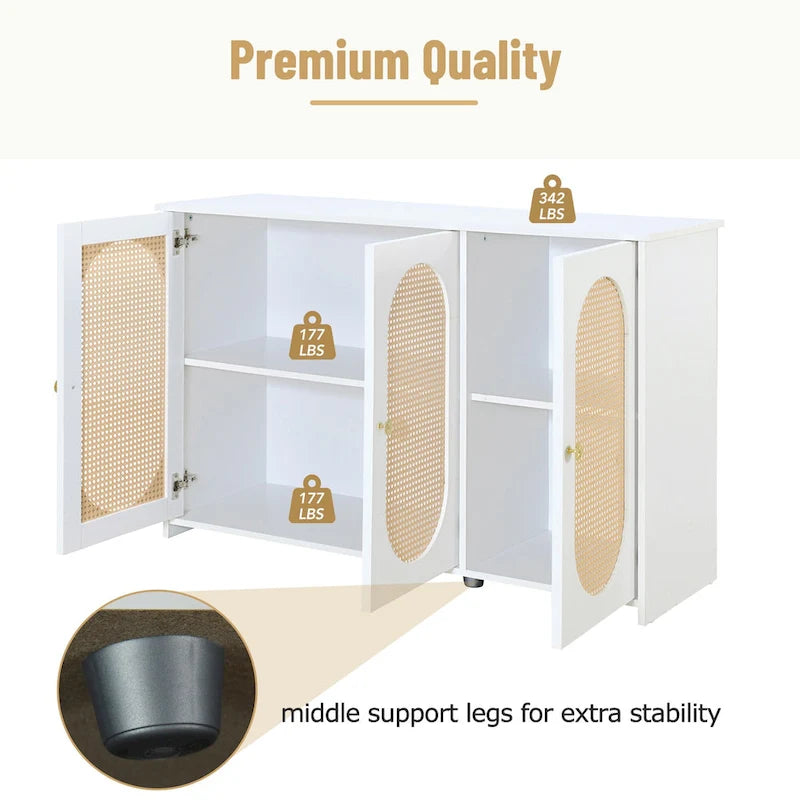 Retro 3-Door Sideboard with Artificial Rattan Doors, Metal Handles & Large Storage Space