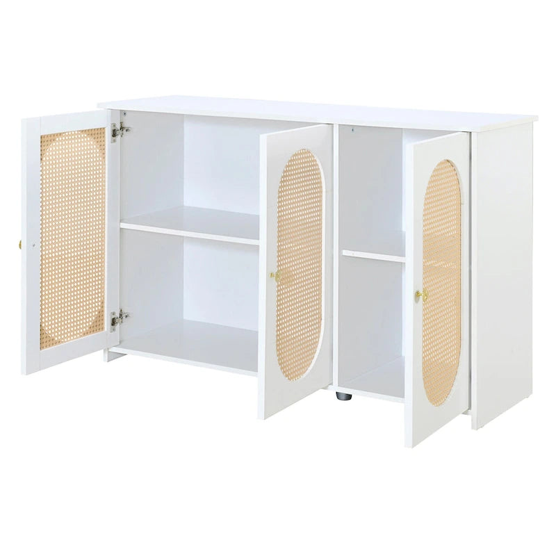 Retro 3-Door Sideboard with Artificial Rattan Doors, Metal Handles & Large Storage Space