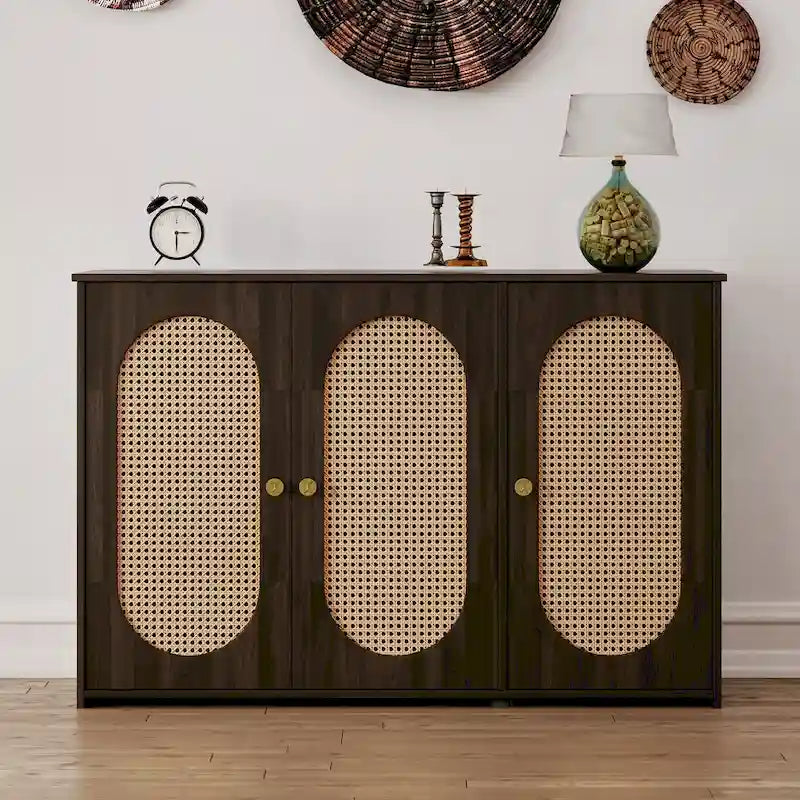 Retro 3-Door Sideboard with Artificial Rattan Doors, Metal Handles & Large Storage Space