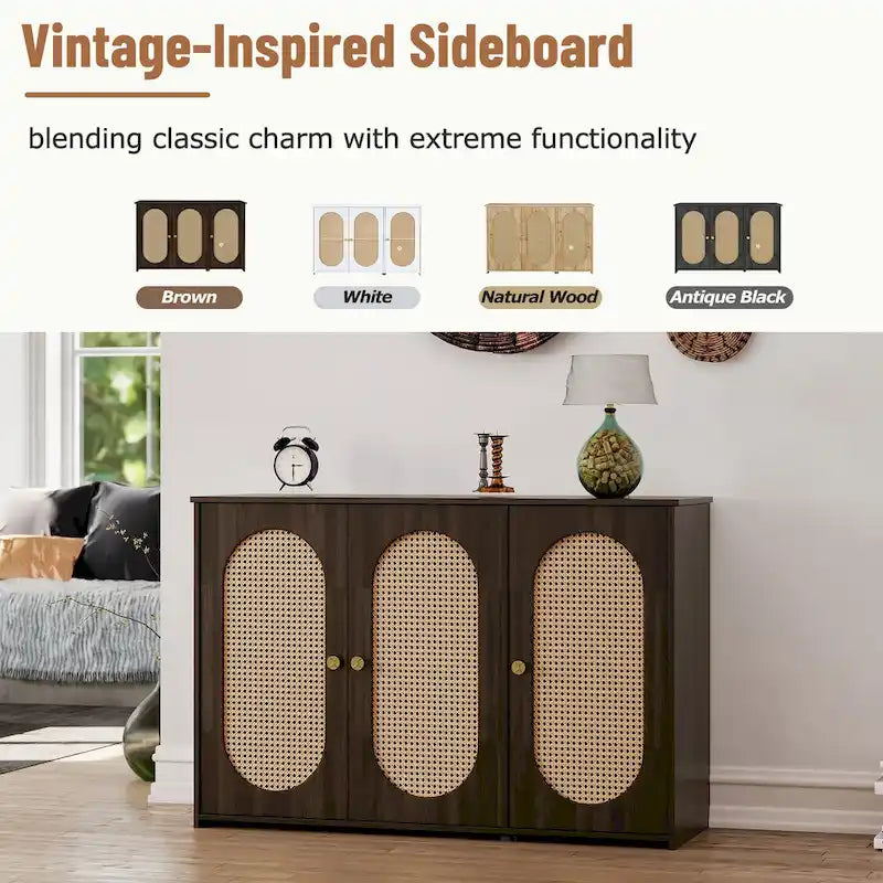 Retro 3-Door Sideboard with Artificial Rattan Doors, Metal Handles & Large Storage Space