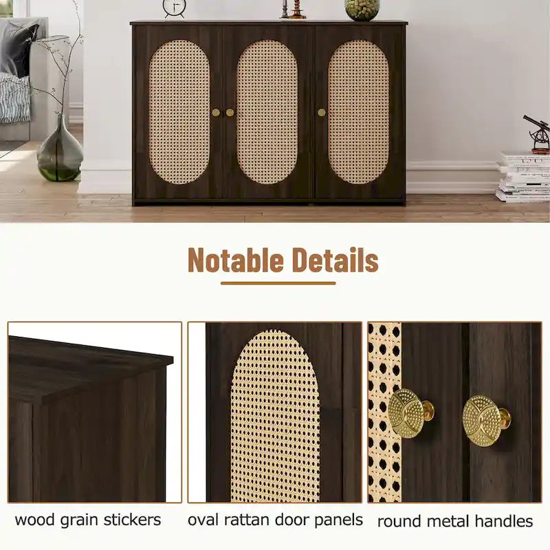 Retro 3-Door Sideboard with Artificial Rattan Doors, Metal Handles & Large Storage Space