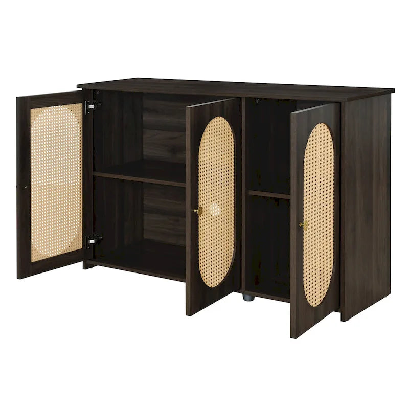 Retro 3-Door Sideboard with Artificial Rattan Doors, Metal Handles & Large Storage Space