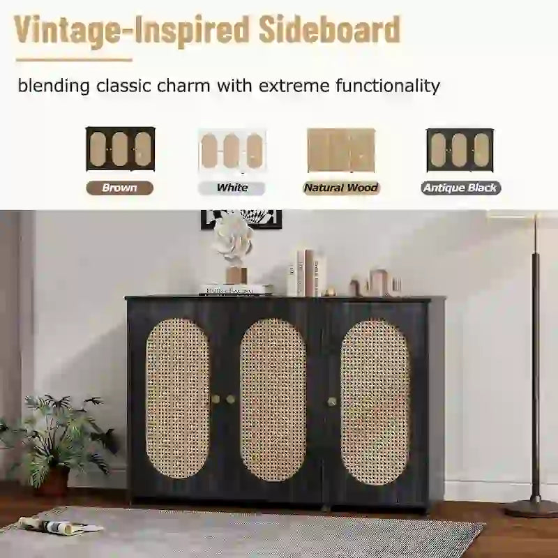 Retro 3-Door Sideboard with Artificial Rattan Doors, Metal Handles & Large Storage Space