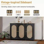 Retro 3-Door Sideboard with Artificial Rattan Doors, Metal Handles & Large Storage Space