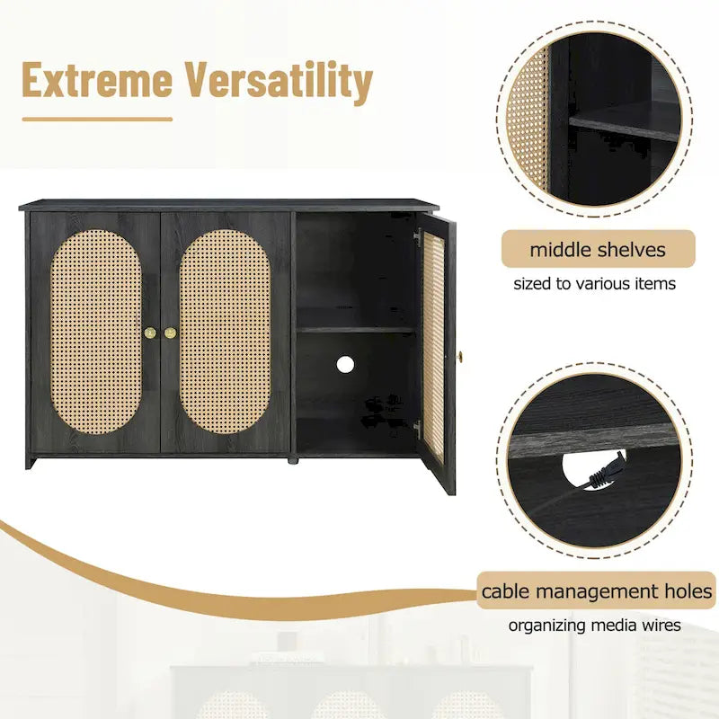 Retro 3-Door Sideboard with Artificial Rattan Doors, Metal Handles & Large Storage Space