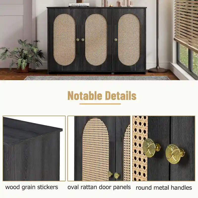 Retro 3-Door Sideboard with Artificial Rattan Doors, Metal Handles & Large Storage Space