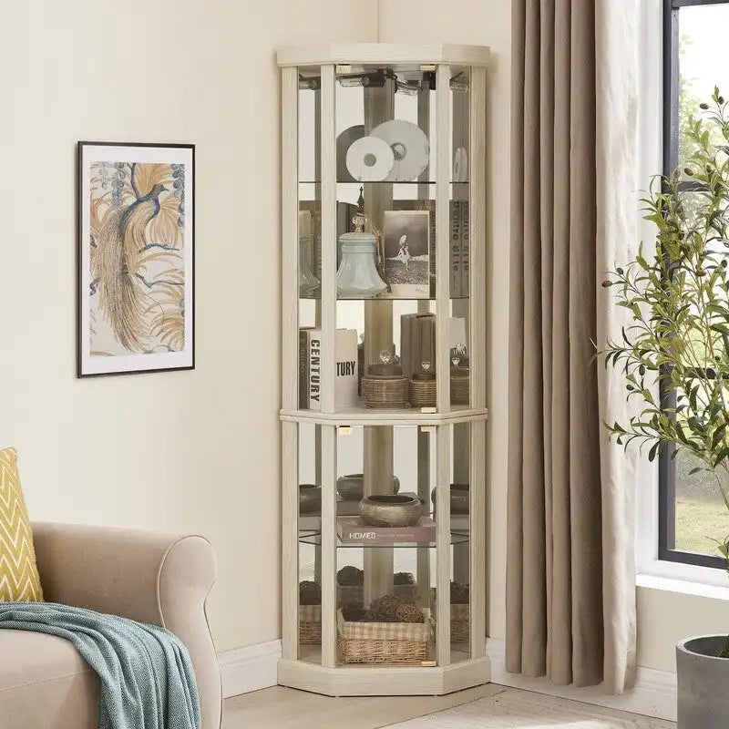 Illuminated Corner Cabinet  Elegant Display for Collectibles, Wine & Glassware  Built-In Lighting