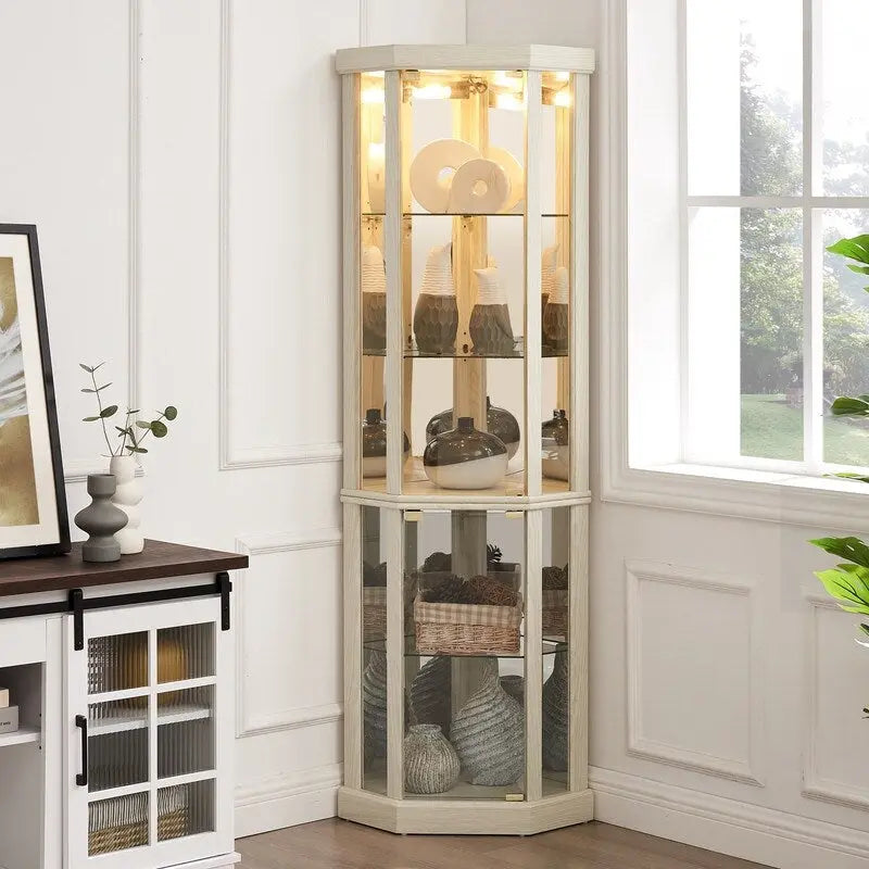 Illuminated Corner Cabinet  Elegant Display for Collectibles, Wine & Glassware  Built-In Lighting