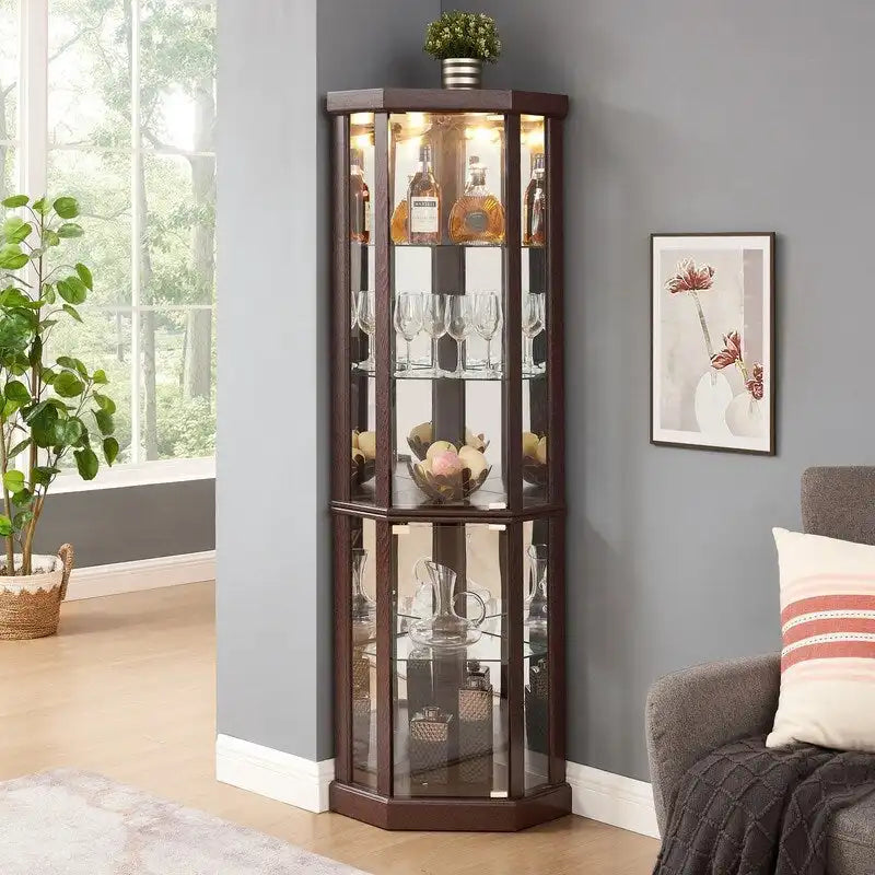 Illuminated Corner Cabinet  Elegant Display for Collectibles, Wine & Glassware  Built-In Lighting