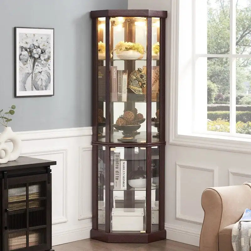 Illuminated Corner Cabinet  Elegant Display for Collectibles, Wine & Glassware  Built-In Lighting
