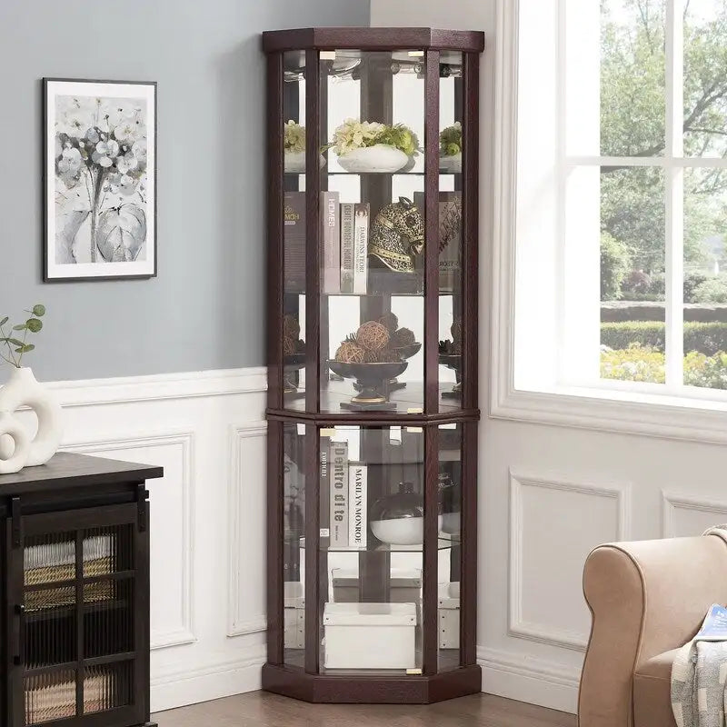 Illuminated Corner Cabinet  Elegant Display for Collectibles, Wine & Glassware  Built-In Lighting