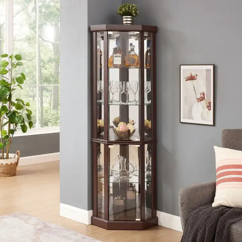 Illuminated Corner Cabinet  Elegant Display for Collectibles, Wine & Glassware  Built-In Lighting