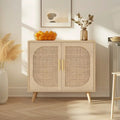2-Door Rattan Storage Cabinet, Coffee Bar Cabinet with Solid Wood Feet, Kitchen Buffet Cabinet with Adjustable Shelf