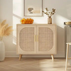 2-Door Rattan Storage Cabinet, Coffee Bar Cabinet with Solid Wood Feet, Kitchen Buffet Cabinet with Adjustable Shelf