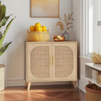 2-Door Rattan Storage Cabinet, Coffee Bar Cabinet with Solid Wood Feet, Kitchen Buffet Cabinet with Adjustable Shelf