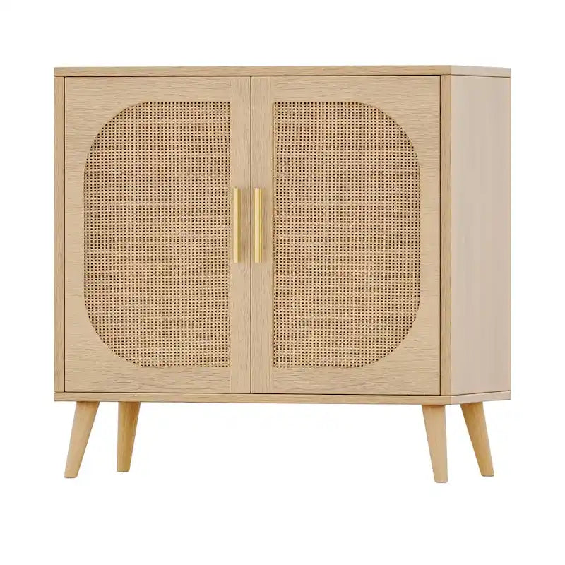 2-Door Rattan Storage Cabinet, Coffee Bar Cabinet with Solid Wood Feet, Kitchen Buffet Cabinet with Adjustable Shelf