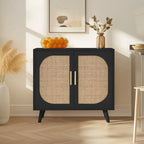 2-Door Rattan Storage Cabinet, Coffee Bar Cabinet with Solid Wood Feet, Kitchen Buffet Cabinet with Adjustable Shelf