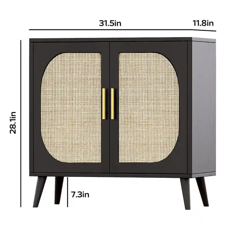 2-Door Rattan Storage Cabinet, Coffee Bar Cabinet with Solid Wood Feet, Kitchen Buffet Cabinet with Adjustable Shelf