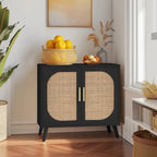 2-Door Rattan Storage Cabinet, Coffee Bar Cabinet with Solid Wood Feet, Kitchen Buffet Cabinet with Adjustable Shelf