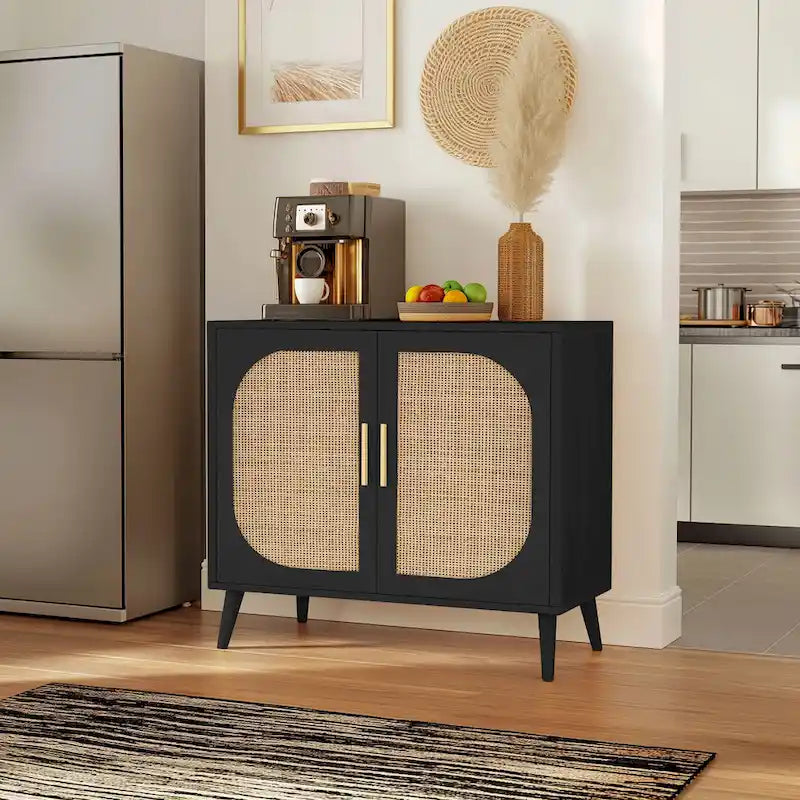 2-Door Rattan Storage Cabinet, Coffee Bar Cabinet with Solid Wood Feet, Kitchen Buffet Cabinet with Adjustable Shelf