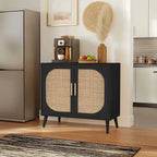 2-Door Rattan Storage Cabinet, Coffee Bar Cabinet with Solid Wood Feet, Kitchen Buffet Cabinet with Adjustable Shelf