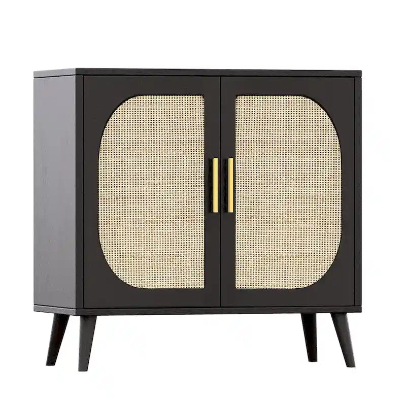 2-Door Rattan Storage Cabinet, Coffee Bar Cabinet with Solid Wood Feet, Kitchen Buffet Cabinet with Adjustable Shelf