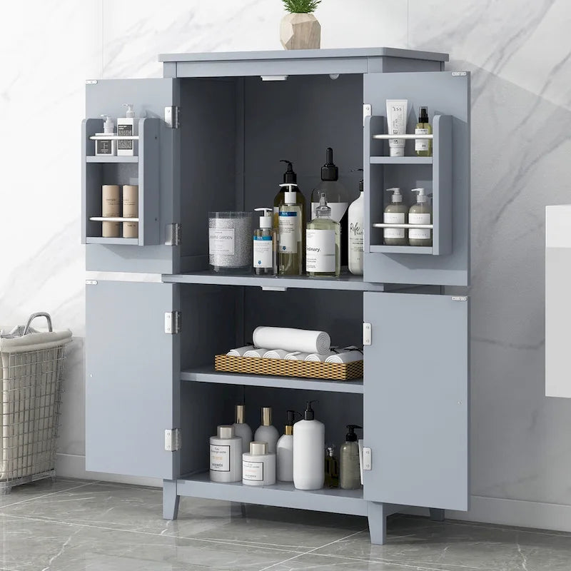Elegant Bathroom Floor Storage Cabinet, Bathroom Storage Unit, Freestanding Cabinet with 4 Doors, Adjustable Shelves