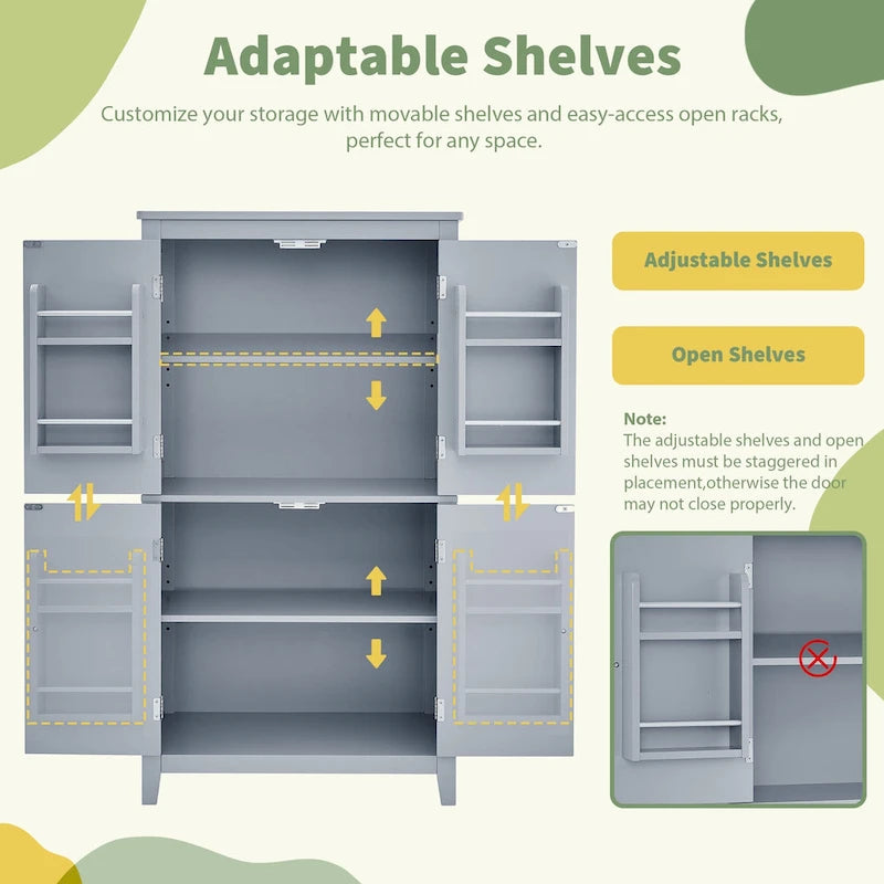 Elegant Bathroom Floor Storage Cabinet, Bathroom Storage Unit, Freestanding Cabinet with 4 Doors, Adjustable Shelves