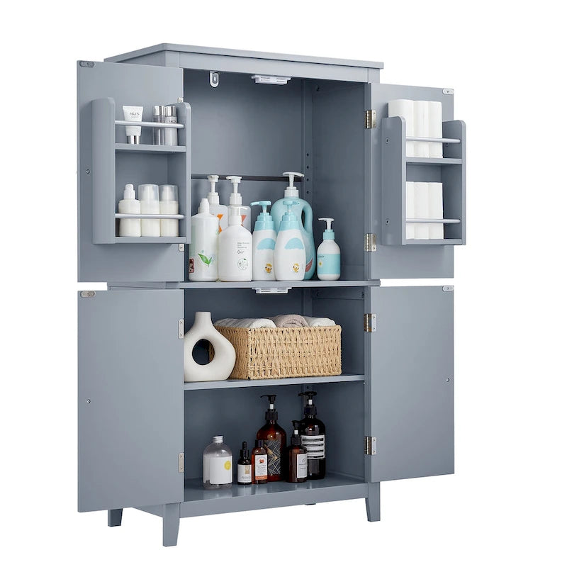 Elegant Bathroom Floor Storage Cabinet, Bathroom Storage Unit, Freestanding Cabinet with 4 Doors, Adjustable Shelves