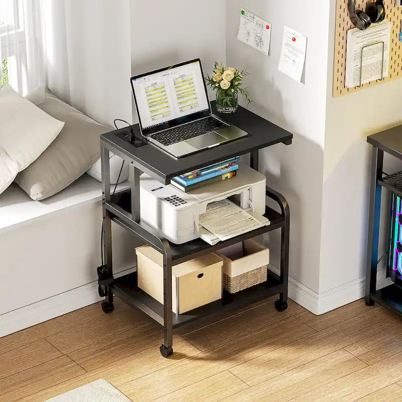 3 Tier Printer Stand File Cabinet with Height Adjustable Storage Shelf and Charging Station and Wheels