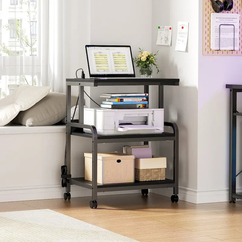 3 Tier Printer Stand File Cabinet with Height Adjustable Storage Shelf and Charging Station and Wheels