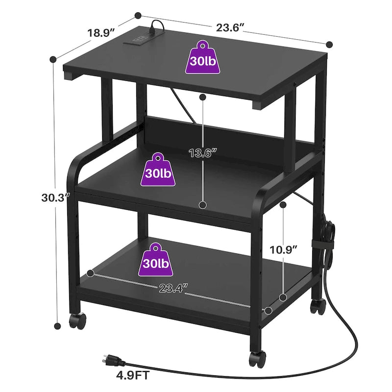 3 Tier Printer Stand File Cabinet with Height Adjustable Storage Shelf and Charging Station and Wheels