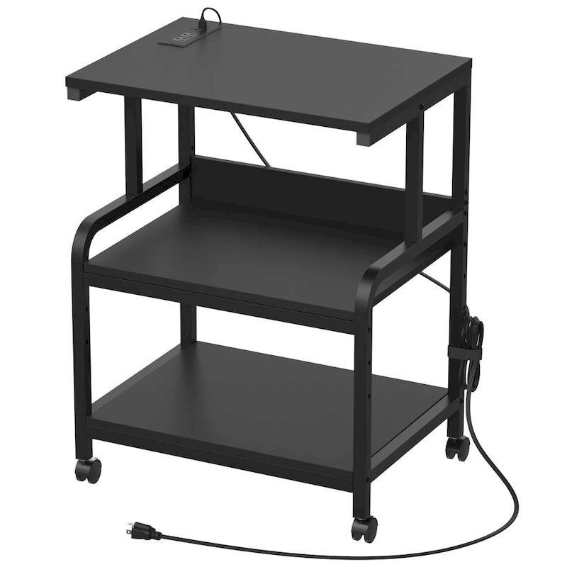 3 Tier Printer Stand File Cabinet with Height Adjustable Storage Shelf and Charging Station and Wheels