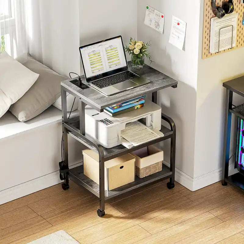 3 Tier Printer Stand File Cabinet with Height Adjustable Storage Shelf and Charging Station and Wheels