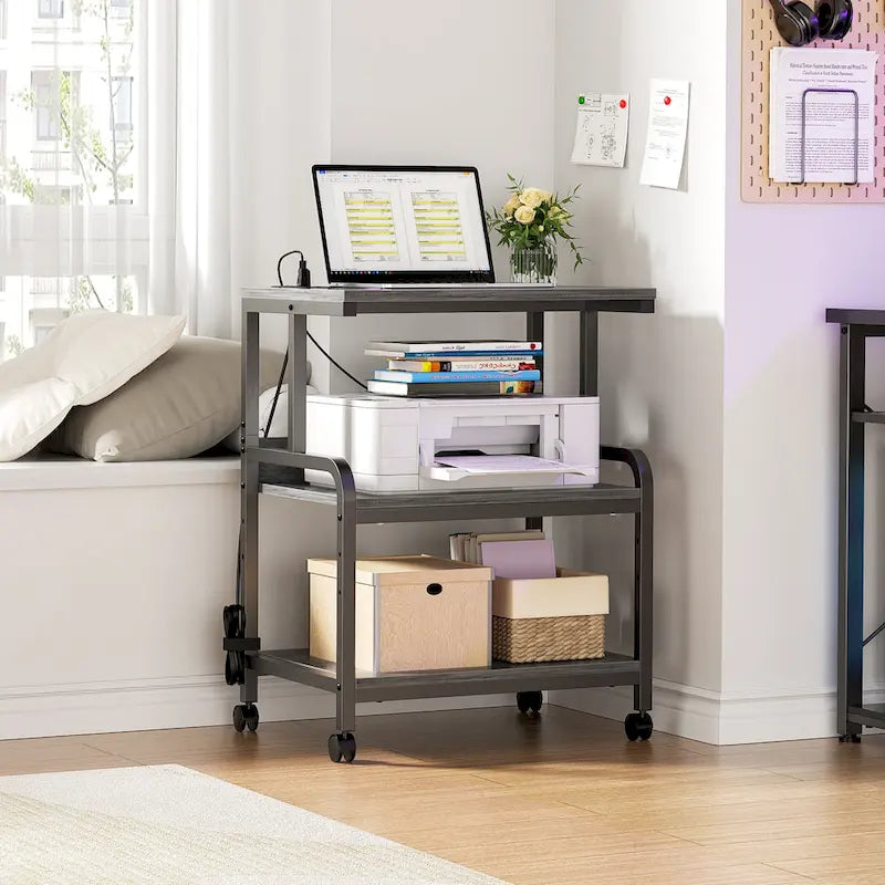 3 Tier Printer Stand File Cabinet with Height Adjustable Storage Shelf and Charging Station and Wheels