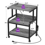 3 Tier Printer Stand File Cabinet with Height Adjustable Storage Shelf and Charging Station and Wheels