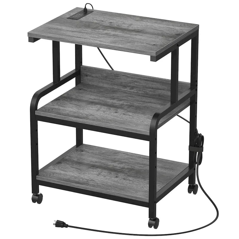 3 Tier Printer Stand File Cabinet with Height Adjustable Storage Shelf and Charging Station and Wheels