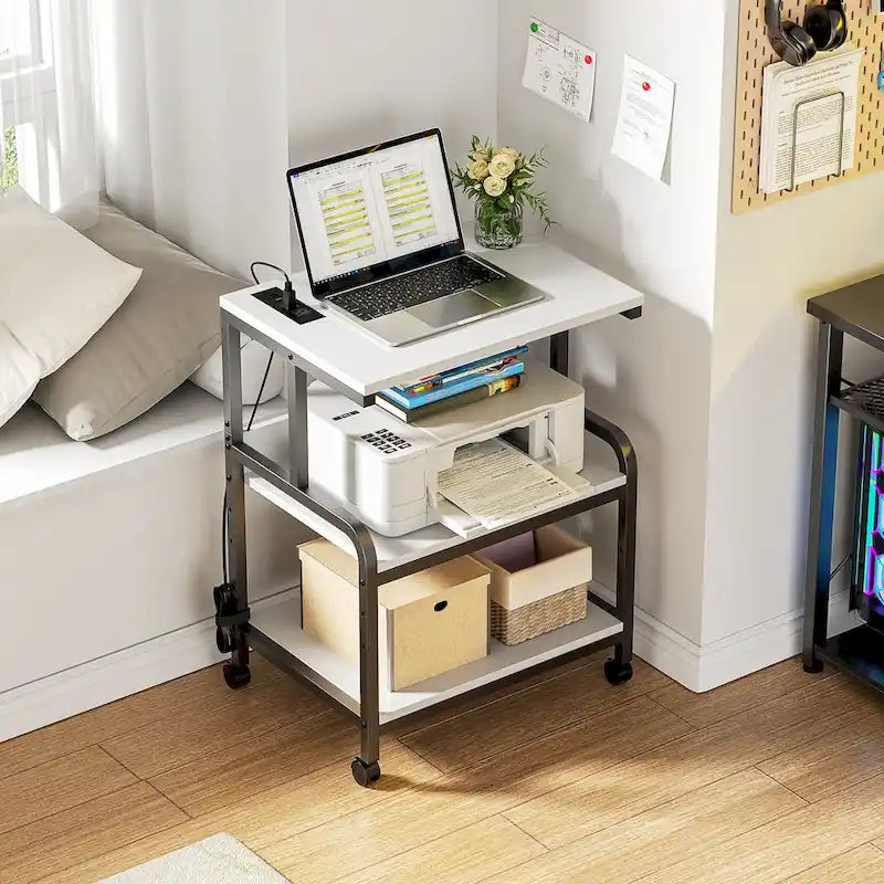 3 Tier Printer Stand File Cabinet with Height Adjustable Storage Shelf and Charging Station and Wheels