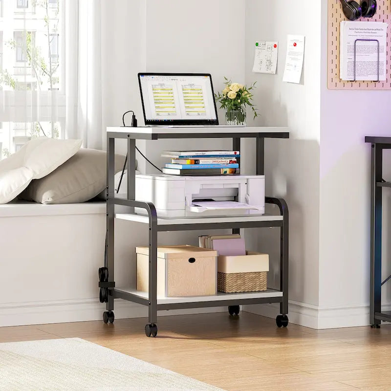 3 Tier Printer Stand File Cabinet with Height Adjustable Storage Shelf and Charging Station and Wheels