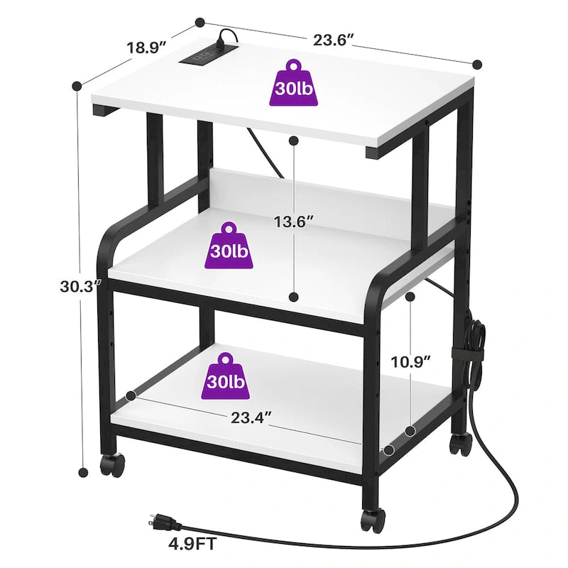 3 Tier Printer Stand File Cabinet with Height Adjustable Storage Shelf and Charging Station and Wheels