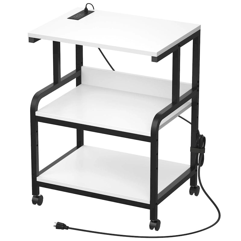 3 Tier Printer Stand File Cabinet with Height Adjustable Storage Shelf and Charging Station and Wheels