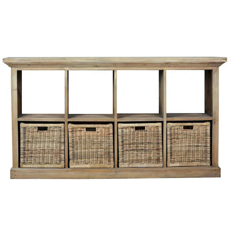 Driftwood Wooden Sideboard with 8 Shelves and 4 Rattan Baskets - 67 - Brown