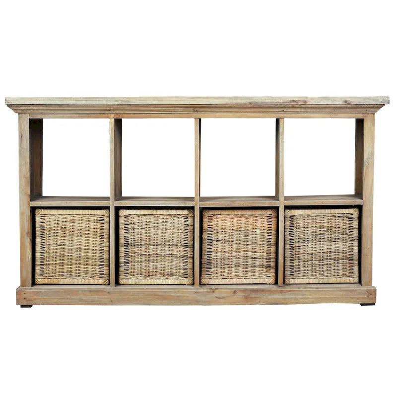 Driftwood Wooden Sideboard with 8 Shelves and 4 Rattan Baskets - 67 - Brown